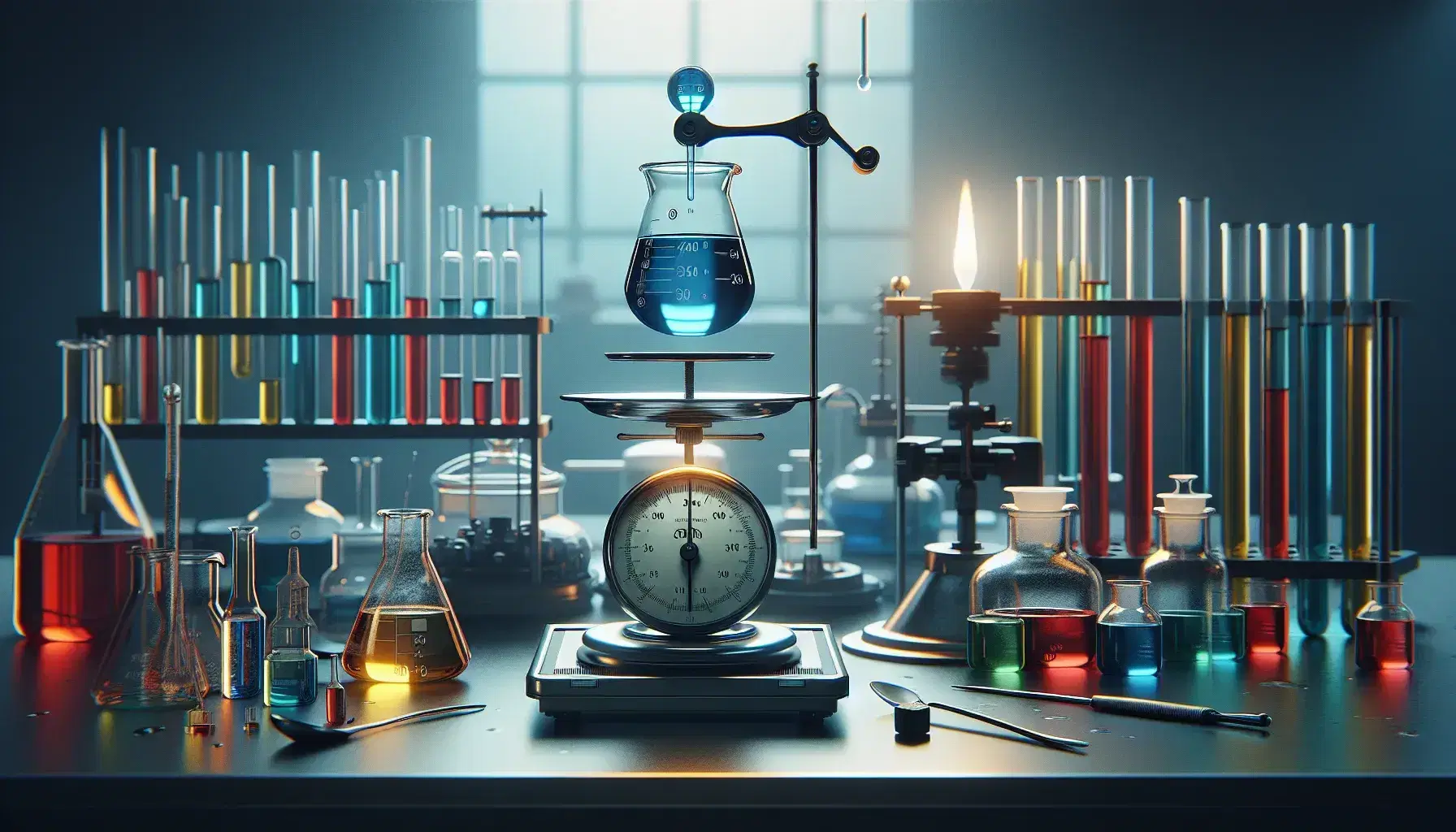 Laboratorio scientifico con bilancia analitica, becher con soluzione blu cobalto, pesi di calibrazione, provette colorate e fiamma di Bunsen.