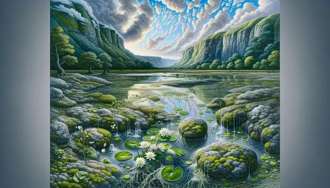 Estanque con nenúfares, rocas musgosas y cascadas pequeñas, rodeado de colinas verdes bajo un cielo azul con nubes, reflejando la serenidad de la naturaleza.