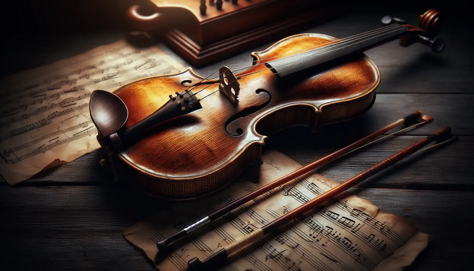 Violino barocco antico su tavolo in legno scuro accanto ad un arco, con sfondo di leggìo e spartito aperto.