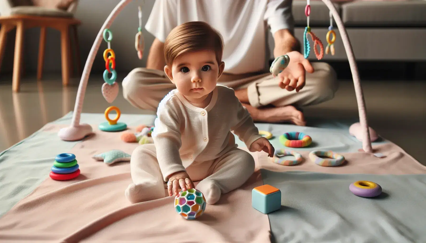 Bebé de seis meses sentado en manta suave pastel jugando con mordedor azul y sonajero, adulto interactuando al fondo.
