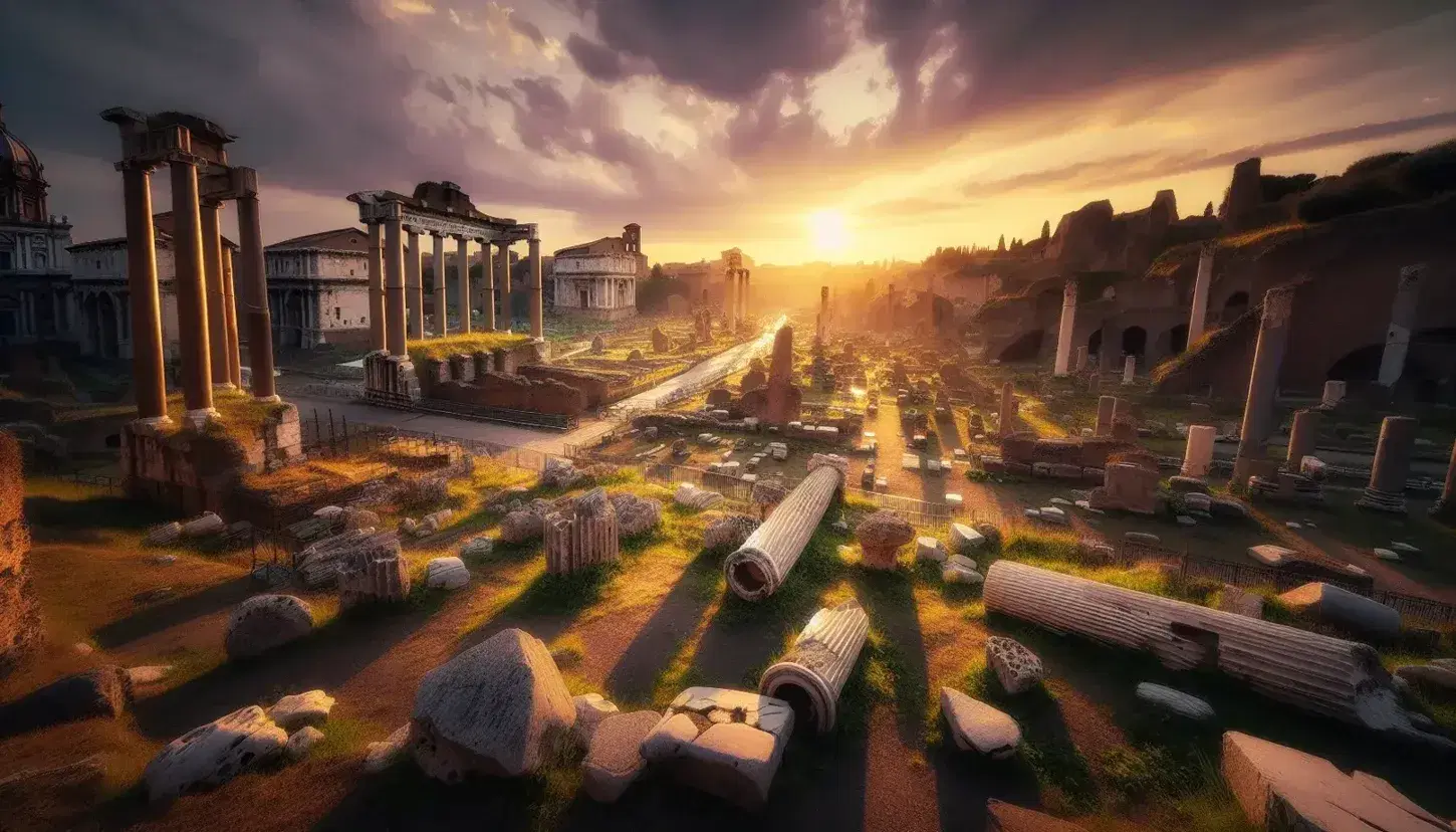 Vista panoramica delle rovine del Foro Romano al tramonto con cielo sfumato giallo-arancio e colonne antiche ombreggiate.