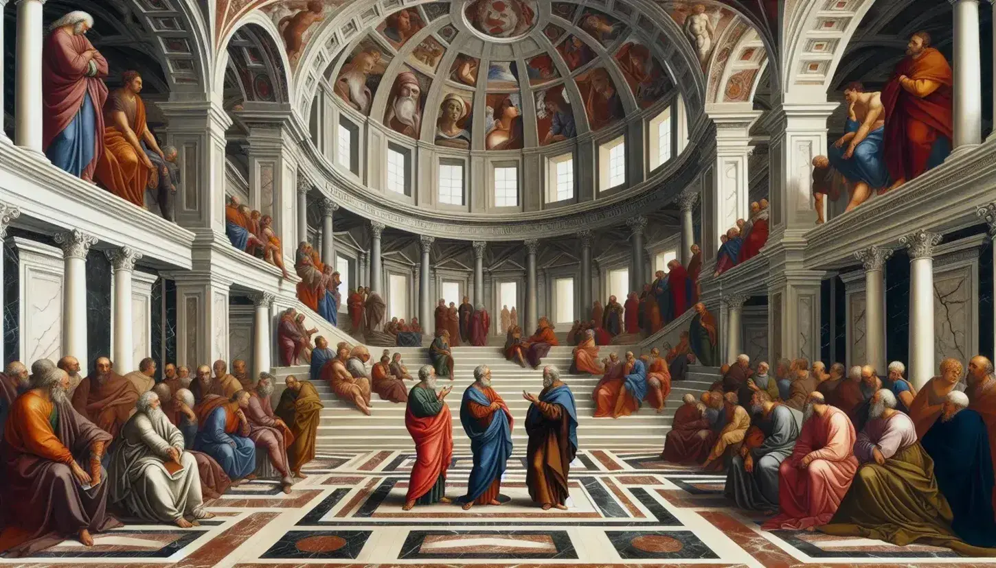 Affresco rinascimentale con figure umane in dialogo filosofico, vestite di rosso e blu, in un'architettura con volte e colonne.