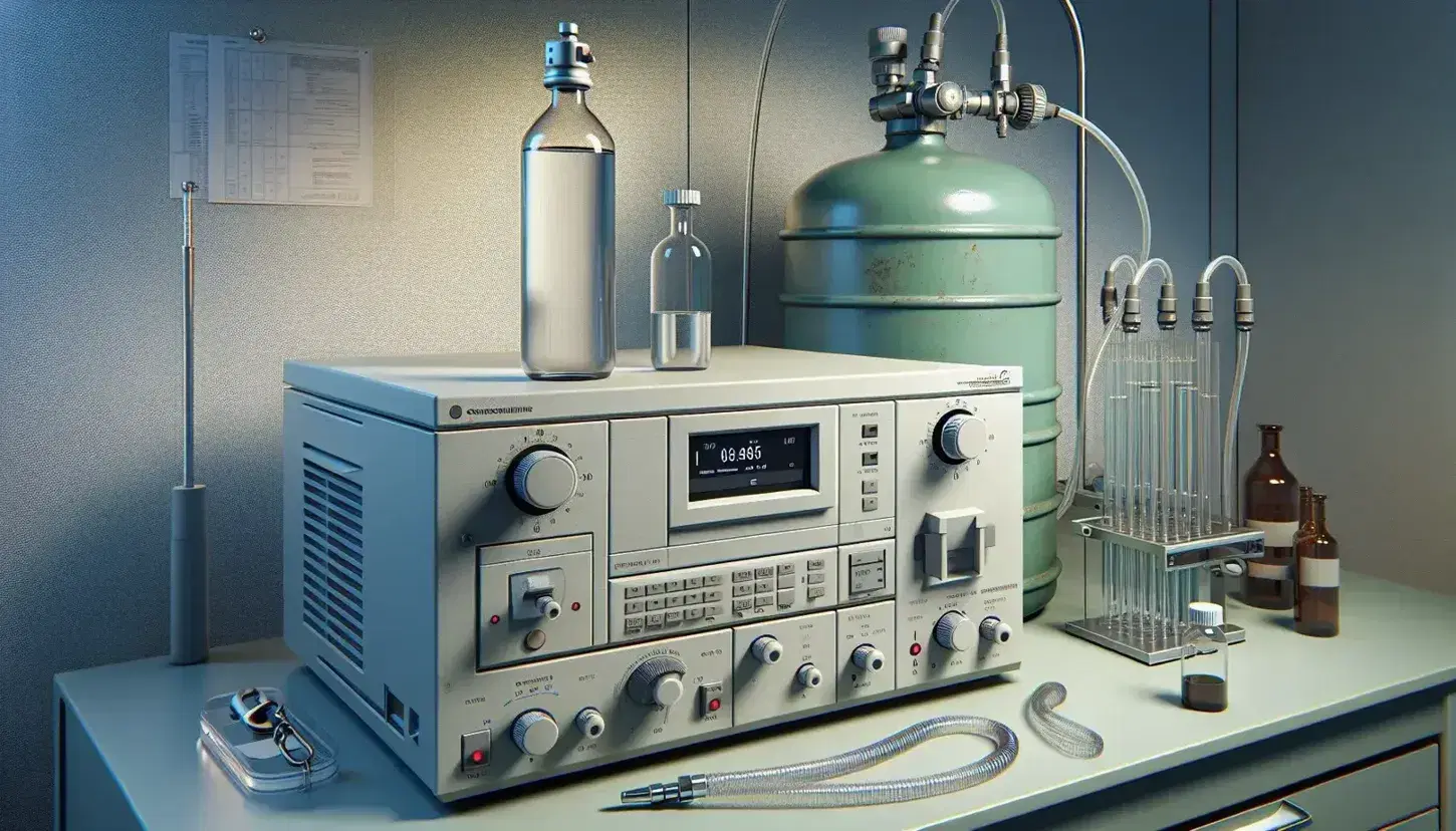 Laboratory with benchtop gas chromatograph turned off, glass vial with colorless gas and green gas cylinder with chain, under fume hood with glassware.