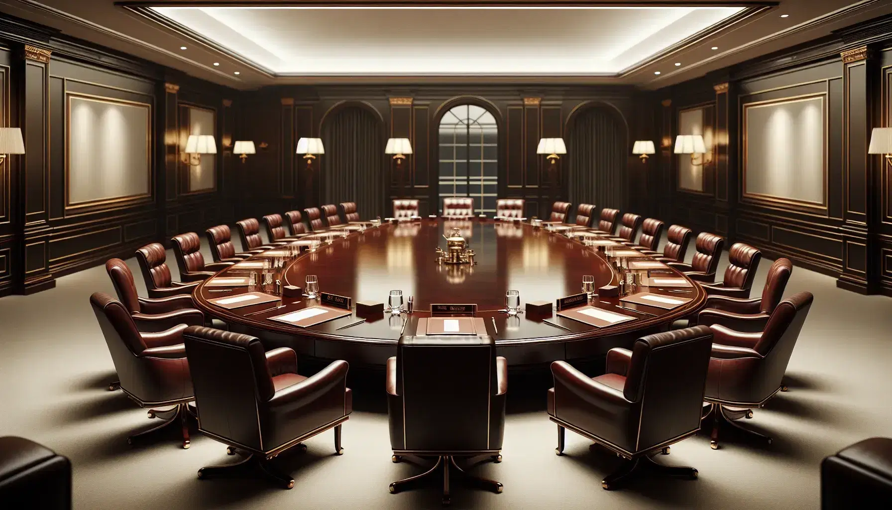 Elegant diplomatic meeting room with a large oval wooden table, burgundy leather chairs, folders, laptops, and water pitchers under warm lighting.