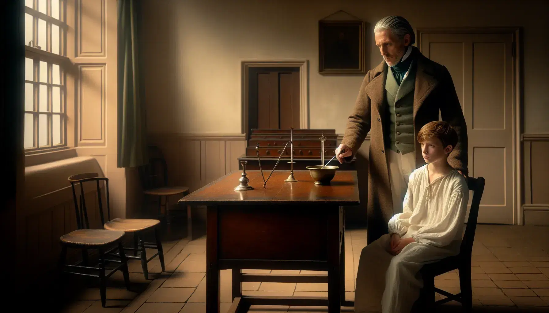 Historical medical scene with a man in period attire beside a table with a brass bowl and silver lancet, and a curious young boy seated, in a softly lit wooden room.