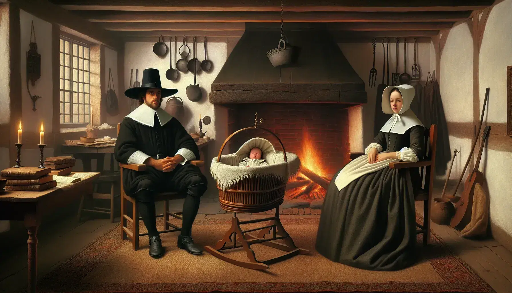 17th-century Puritan family in New England home with traditional attire, hearth, children playing, and cradle, embodying simplicity and tranquility.