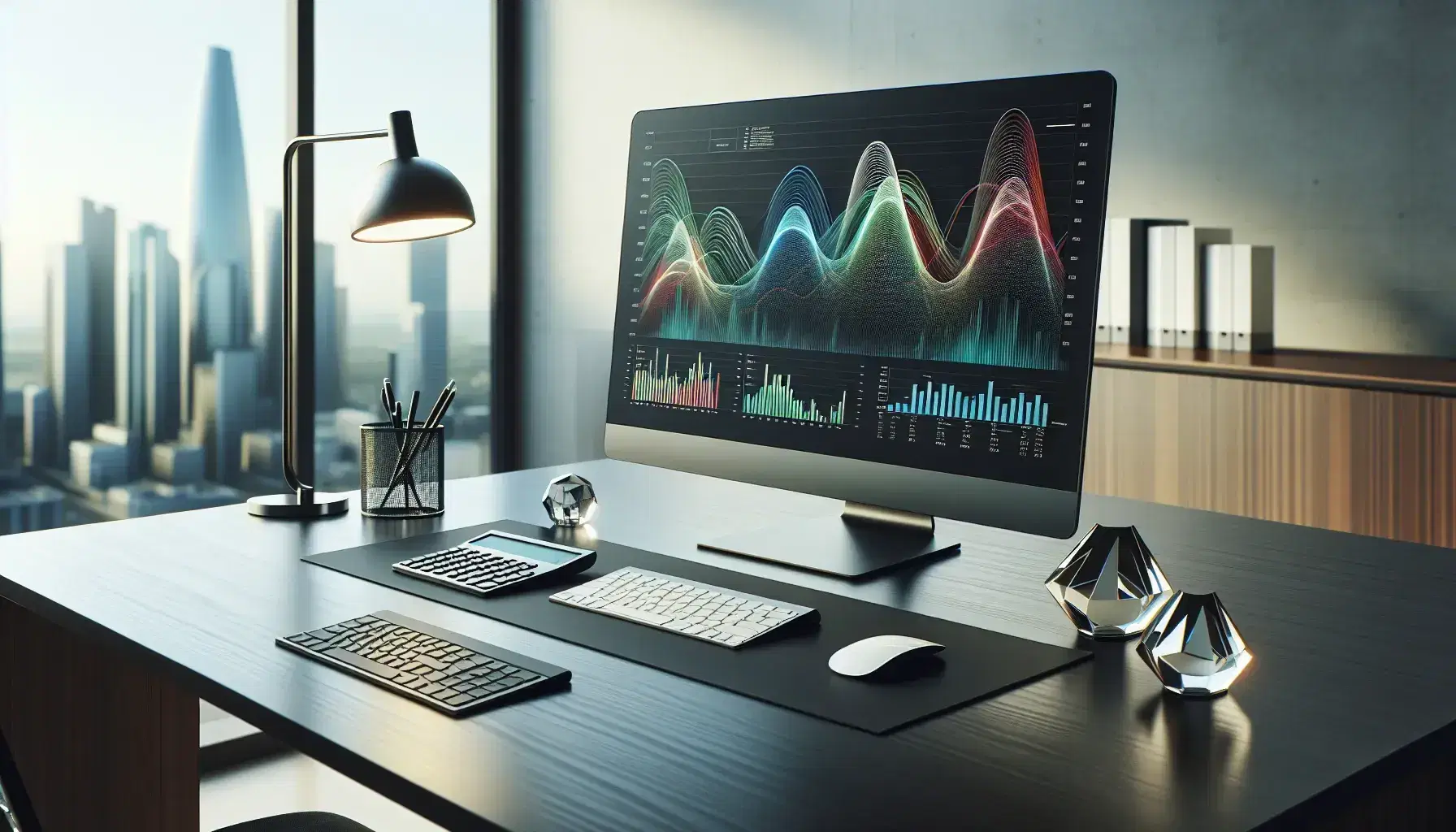 Modern office desk with a computer monitor displaying colorful financial graphs, a wireless keyboard, mouse, calculator, and a lamp, against a cityscape backdrop.