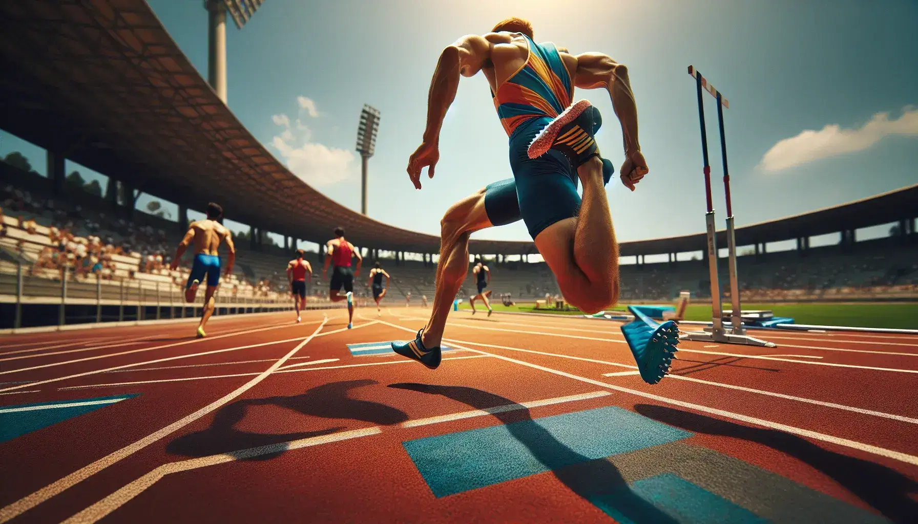 Atleta masculino compitiendo en pista de atletismo al aire libre, corriendo con uniforme azul y amarillo en día soleado, sin público en las gradas.