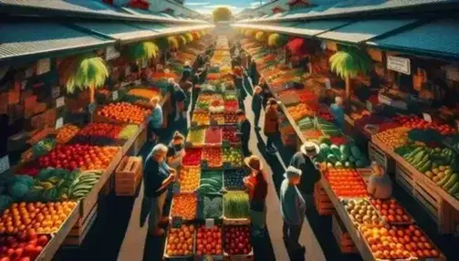 Mercato all'aperto in Nuova Zelanda con banchi di legno e assortimento di frutta e verdura fresca, persone diverse in sfondo e cielo azzurro.