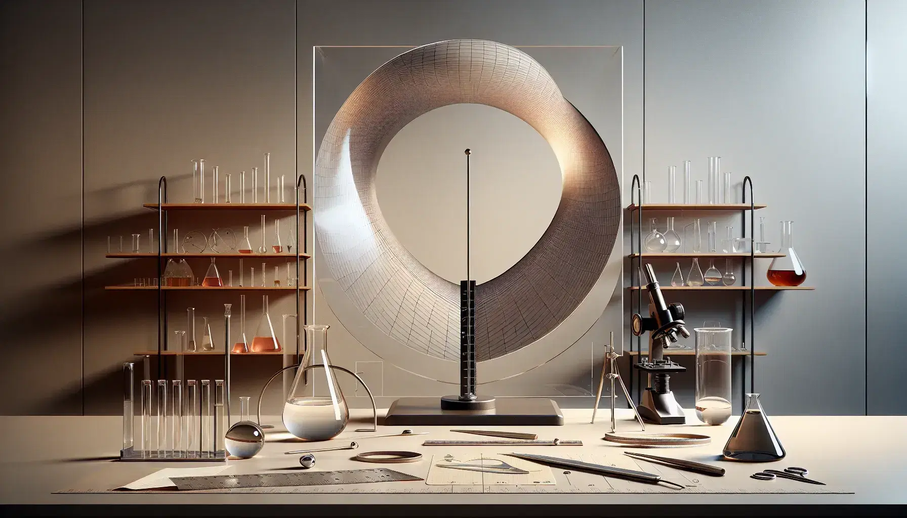 Laboratorio scientifico con modello tridimensionale di parabola trasparente, strumenti di misura metallici e microscopio nero su tavolo chiaro.