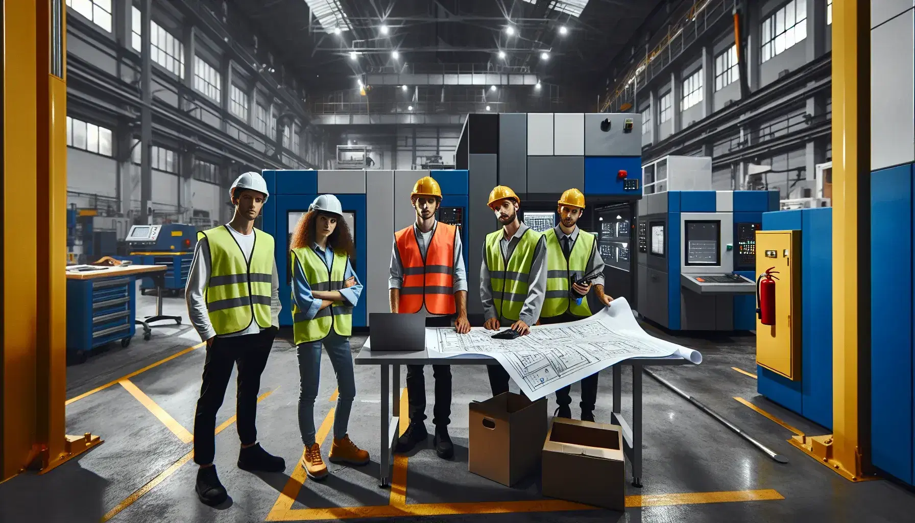 Cuatro trabajadores con equipo de seguridad revisan planos y usan una laptop en taller industrial, con maquinaria y extintor visibles.