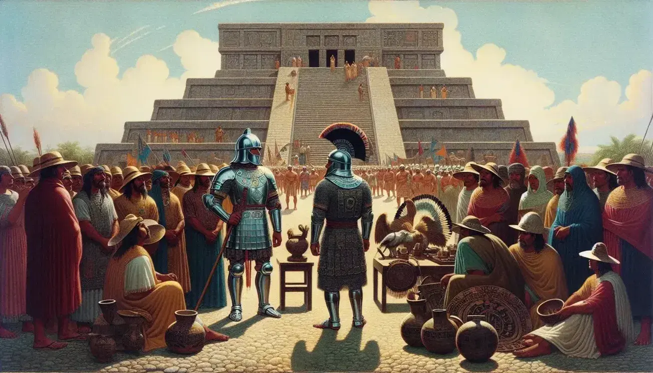 Escena histórica al aire libre con hombre en armadura y otro en túnica frente a multitud, construcción mesoamericana de fondo y objetos ceremoniales en primer plano.