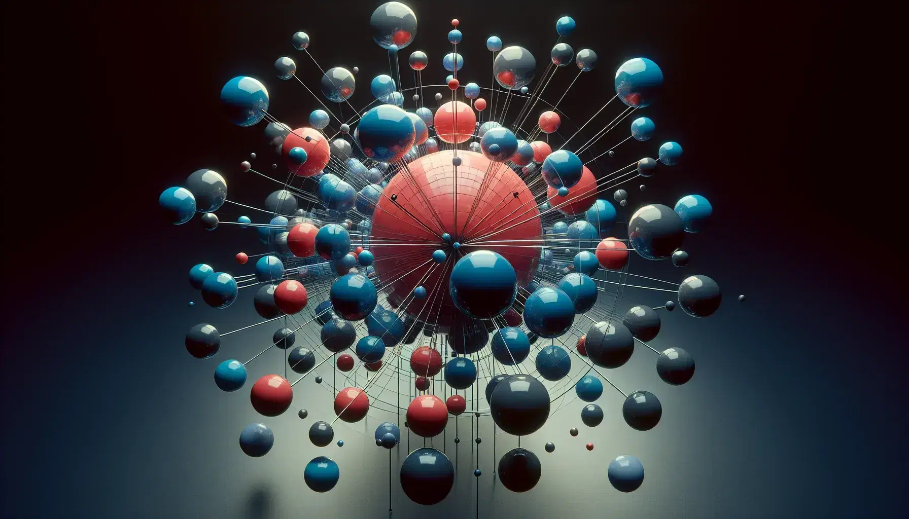 Estructura tridimensional con esferas de diferentes tamaños, una central grande roja y varias azules conectadas por varillas transparentes sobre fondo negro.