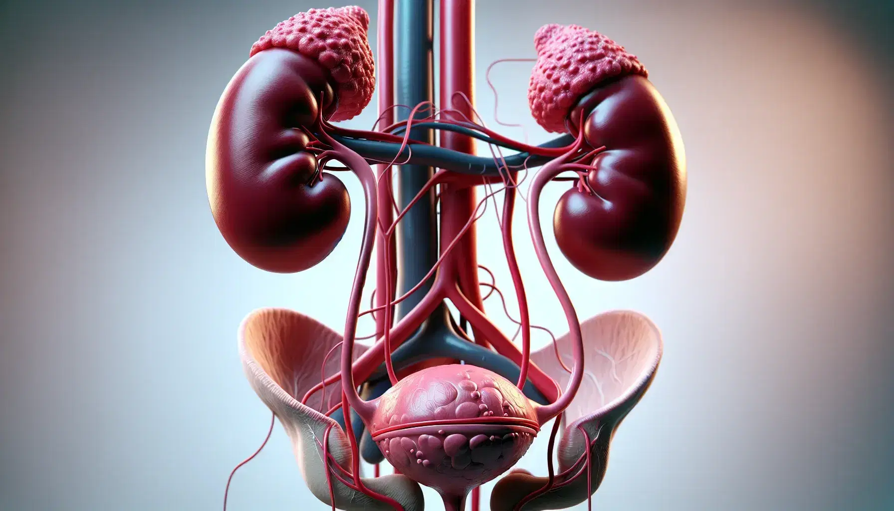 Modelo anatómico tridimensional del sistema urinario humano con riñones rojos oscuros, ureteres rosados, vejiga pálida y uretra, sin texto.