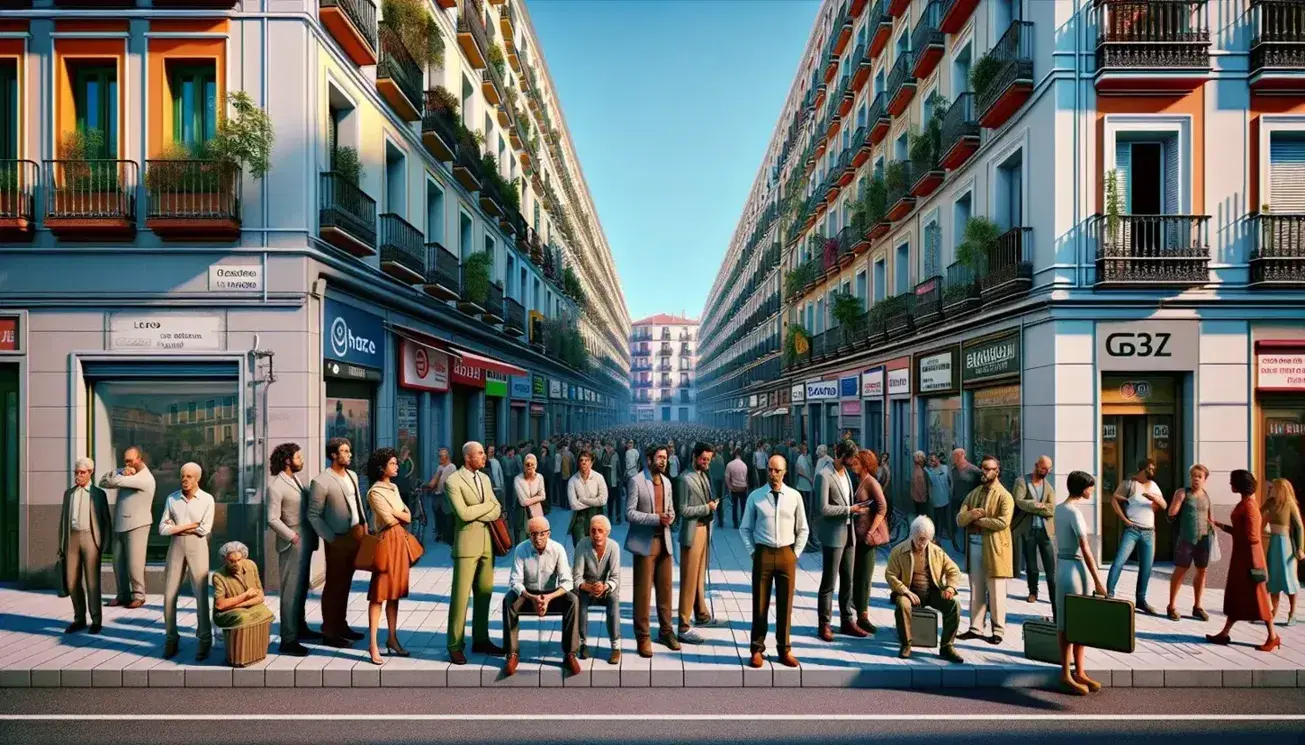 Animated Spanish city street scene with diverse people queuing and others walking, amidst vibrant buildings with balconies, on a sunny day.