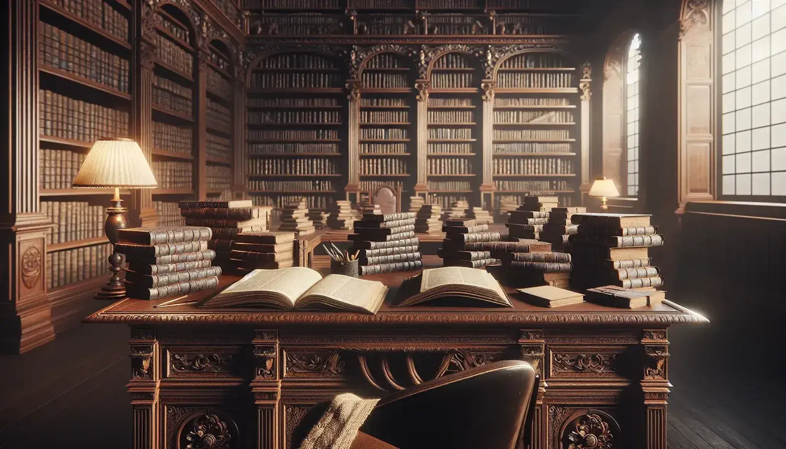 Biblioteca antica con scrivania in legno scuro, libri antichi, scaffali pieni, figura umana che legge e pianta verde.