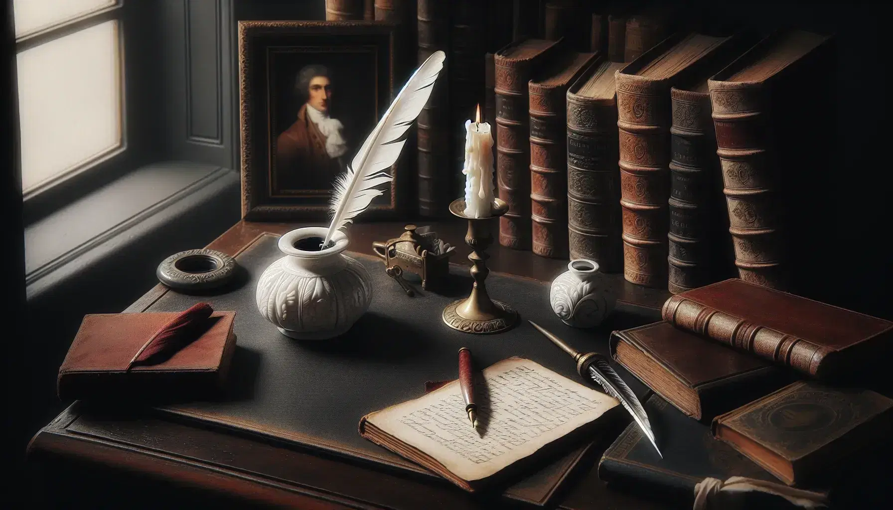 Scrivania in legno scuro con calamaio antico, penna d'oca, libro rilegato in pelle, candela e ritratto sfocato in lontananza.