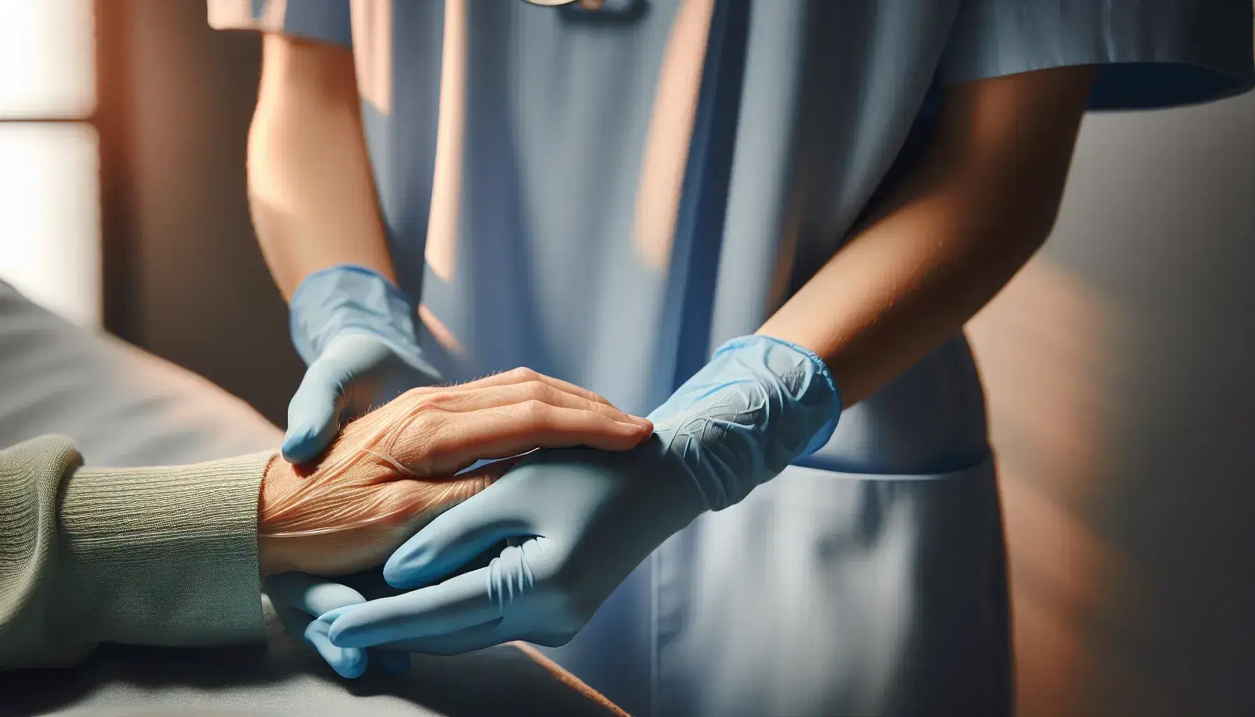Manos de enfermera con guantes de látex azul claro sosteniendo con cuidado la mano frágil de un paciente, en un entorno tranquilo y difuminado.