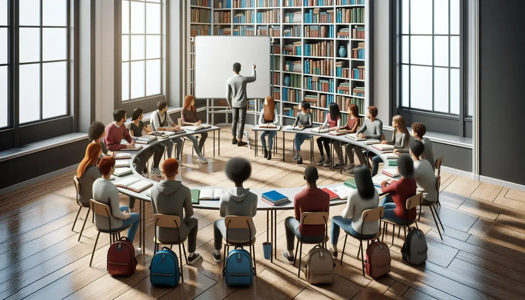 Grupo diverso de estudiantes atentos en clase con instructor señalando pizarra blanca, mesa con libros y luz natural.