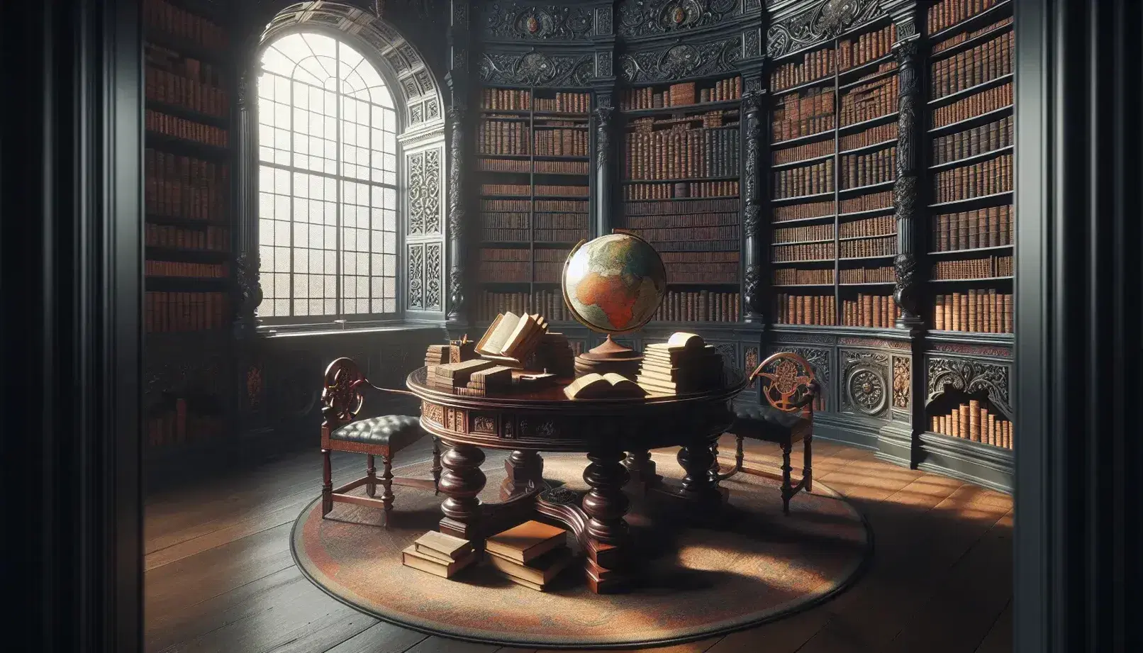 Biblioteca d'epoca illuminista con scaffali in legno scuro e libri rilegati, tavolo ovale centrale, globo terrestre e tappeto persiano.