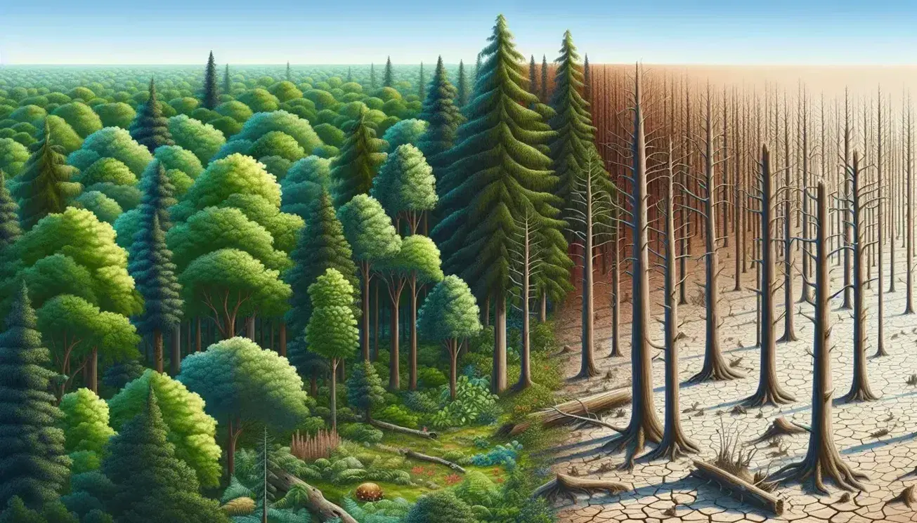 Lush forest with dense green foliage transitions abruptly into a barren wasteland with dead trees and cracked earth, under a divided sky.