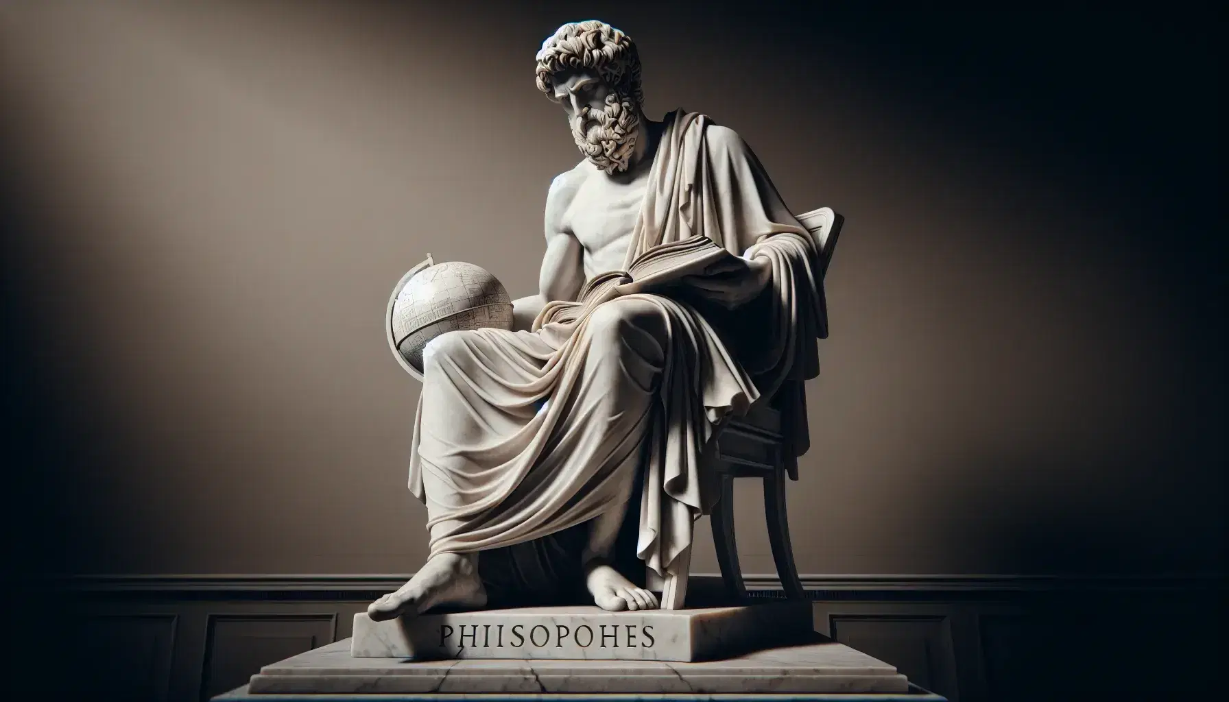 Statua in marmo bianco di filosofo seduto con barba e toga, mano destra su globo terrestre e sinistra su libro aperto sul grembo.