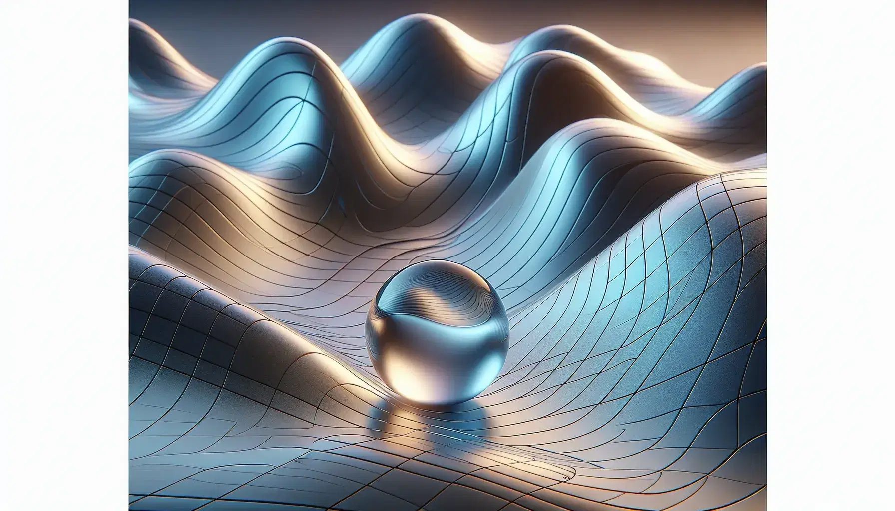 Reflective metallic surface with smooth blue gradients and a clear glass sphere magnifying the gentle curves, under soft, diffused lighting.