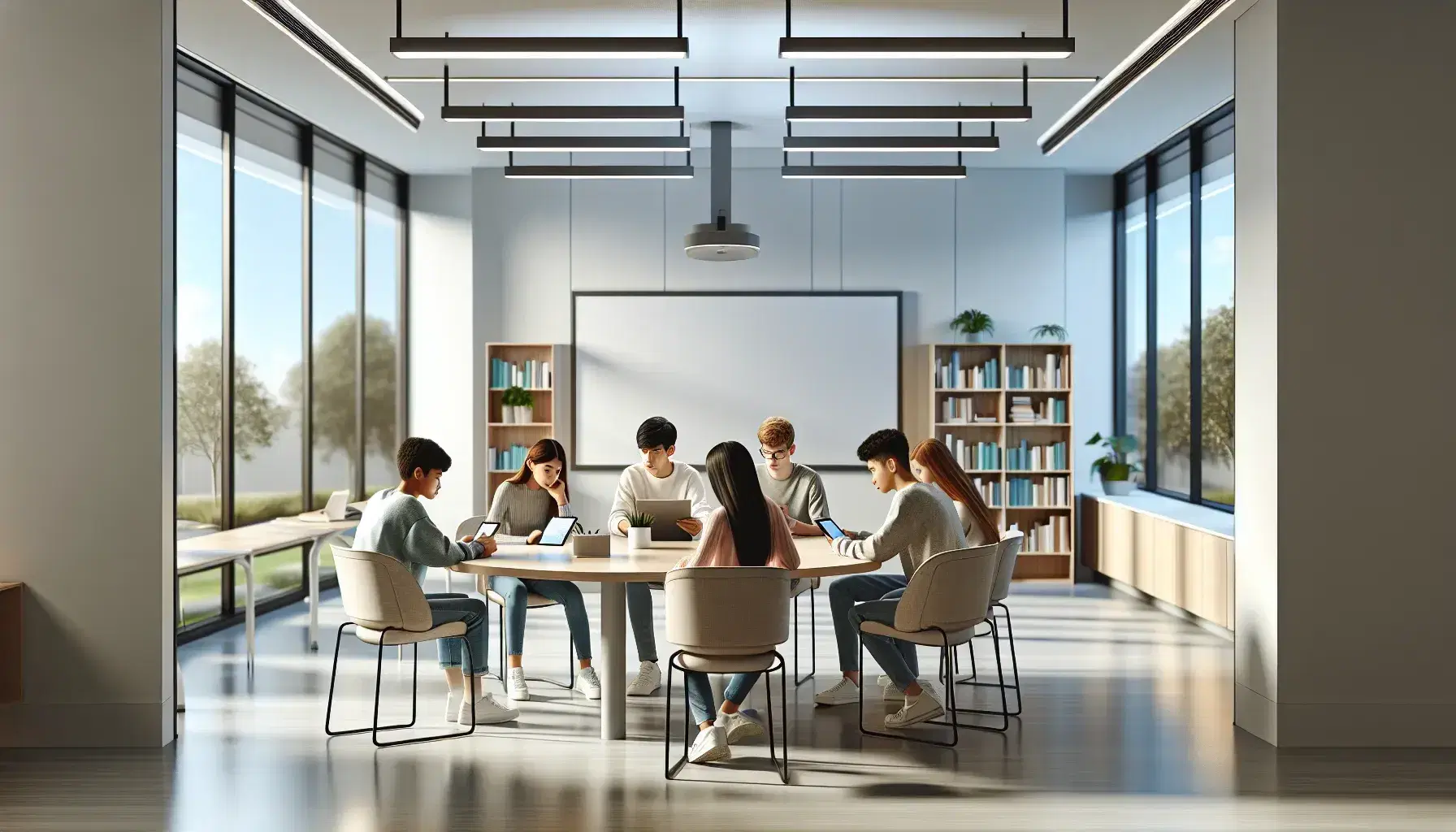 Aula moderna y luminosa con estudiantes diversos alrededor de una mesa redonda con dispositivos electrónicos, discutiendo activamente, junto a una pizarra blanca y ventanas que dejan entrar luz natural.