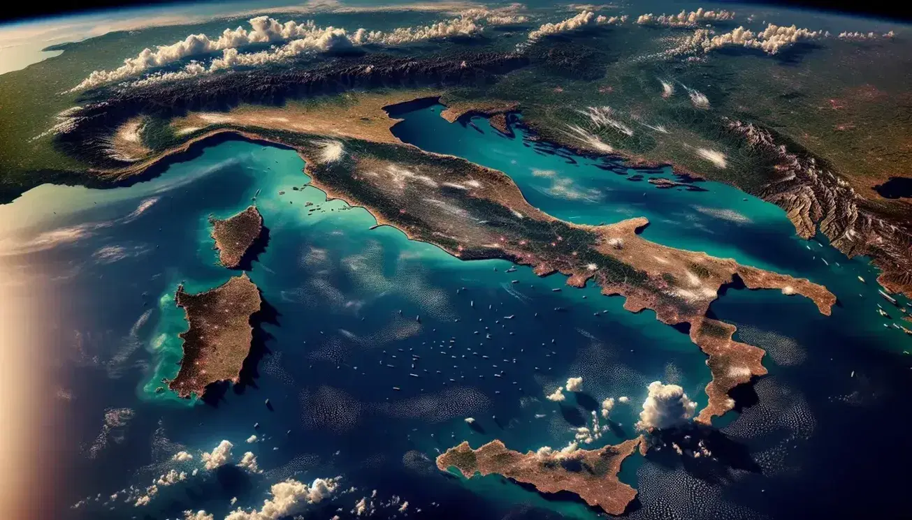 Veduta aerea della Penisola Italiana con il mare Mediterraneo circostante, città visibili, vegetazione variegata e navi in mare.