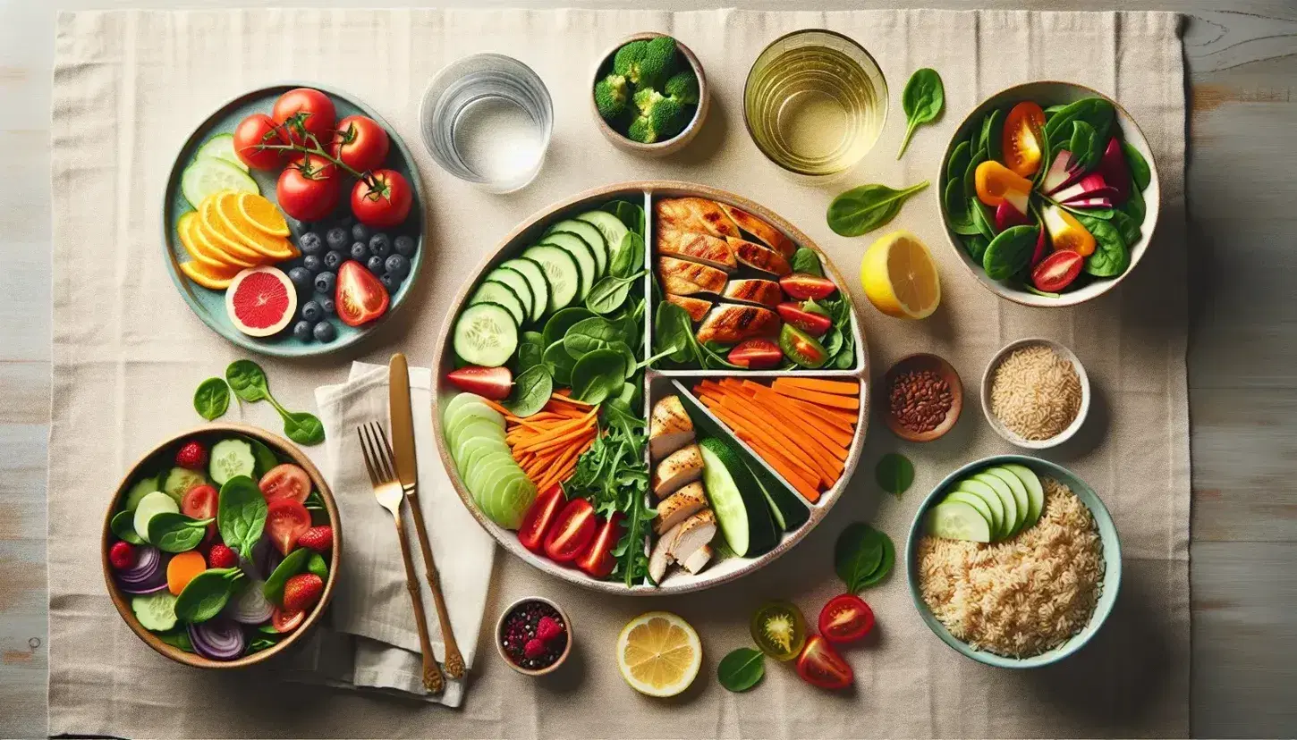 Tavola imbandita con pasto equilibrato: piatto diviso in quattro con verdure, carote, pollo, riso integrale, insalata mista, frutta e bicchiere d'acqua con limone.