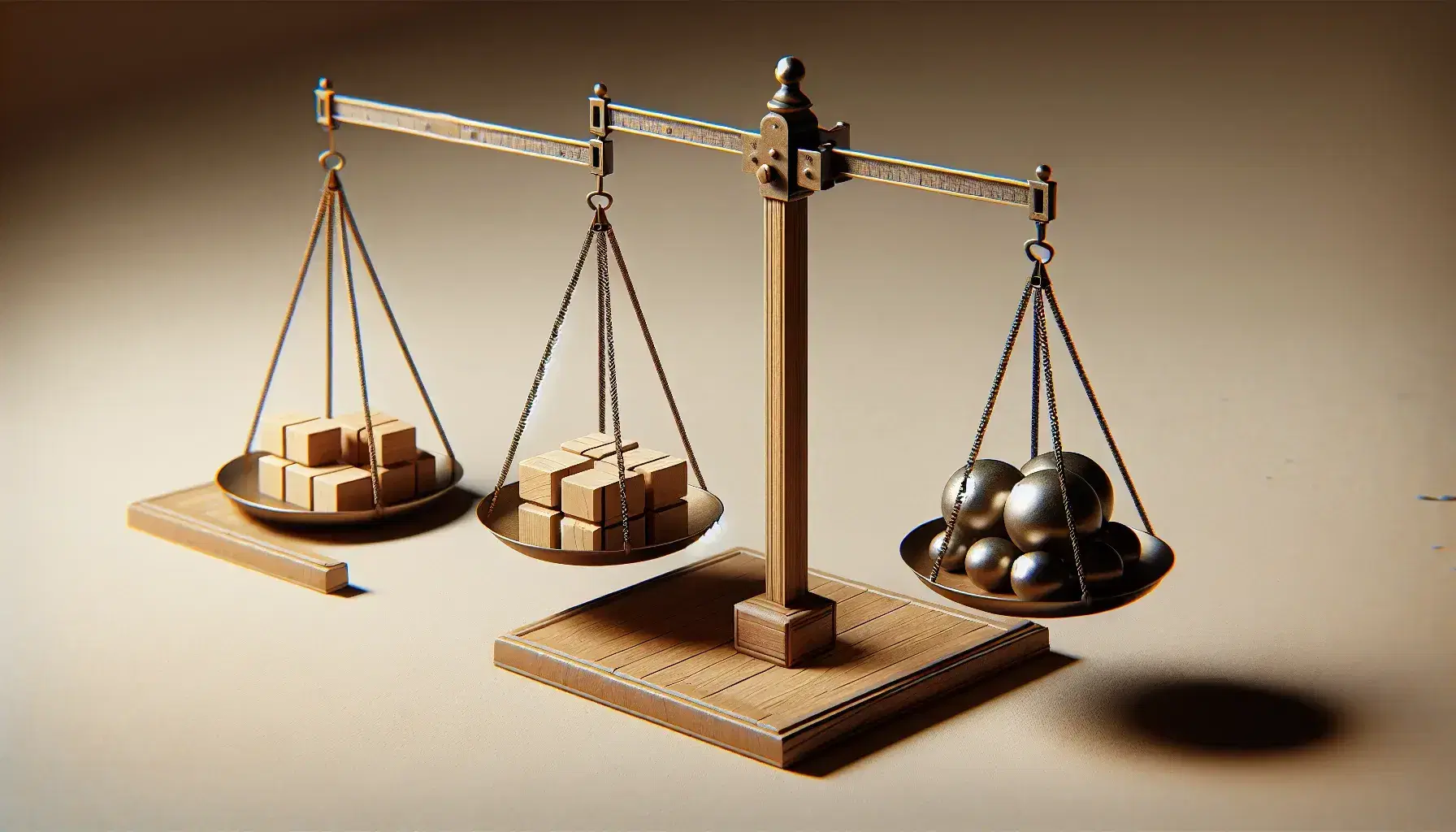 Balanzas tradicionales en fila con una equilibrada vacía, otra con bloques de madera y pesas metálicas en equilibrio, y una tercera inclinada con esfera metálica.