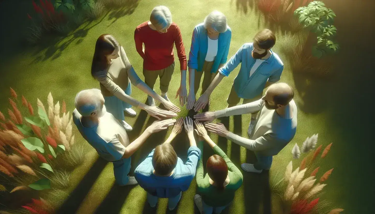 Grupo de cinco personas de diversas edades y géneros en un círculo al aire libre, con manos unidas en señal de unidad sobre fondo de césped y árboles.