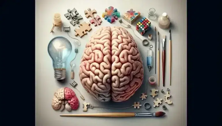 Sezione sagittale dettagliata del cervello umano con oggetti creativi circostanti, inclusi bulbo, pennello, puzzle e cubo di Rubik.