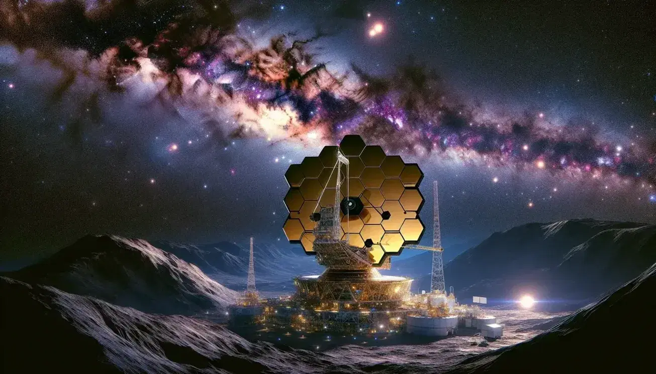 Telescopio spaziale James Webb con specchio esagonale dorato e pannelli solari, Hubble in lontananza e parte di un pianeta roccioso illuminato.