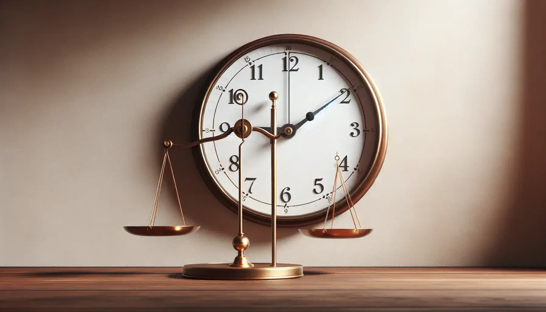 Reloj redondo con marco metálico y manecillas marcando las tres y quince sobre fondo claro, junto a balanza de dos platos dorados en equilibrio sobre superficie de madera.