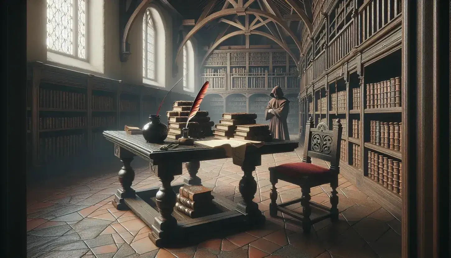 Biblioteca medieval con mesa de madera oscura, libros encuadernados en cuero, pluma de ave en tintero y figura con túnica marrón escribiendo, bajo luz natural de ventana arqueada.
