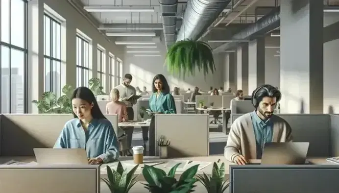 Diverse group of colleagues in modern office with Caucasian woman at laptop, colleagues in conversation and active meeting at table.