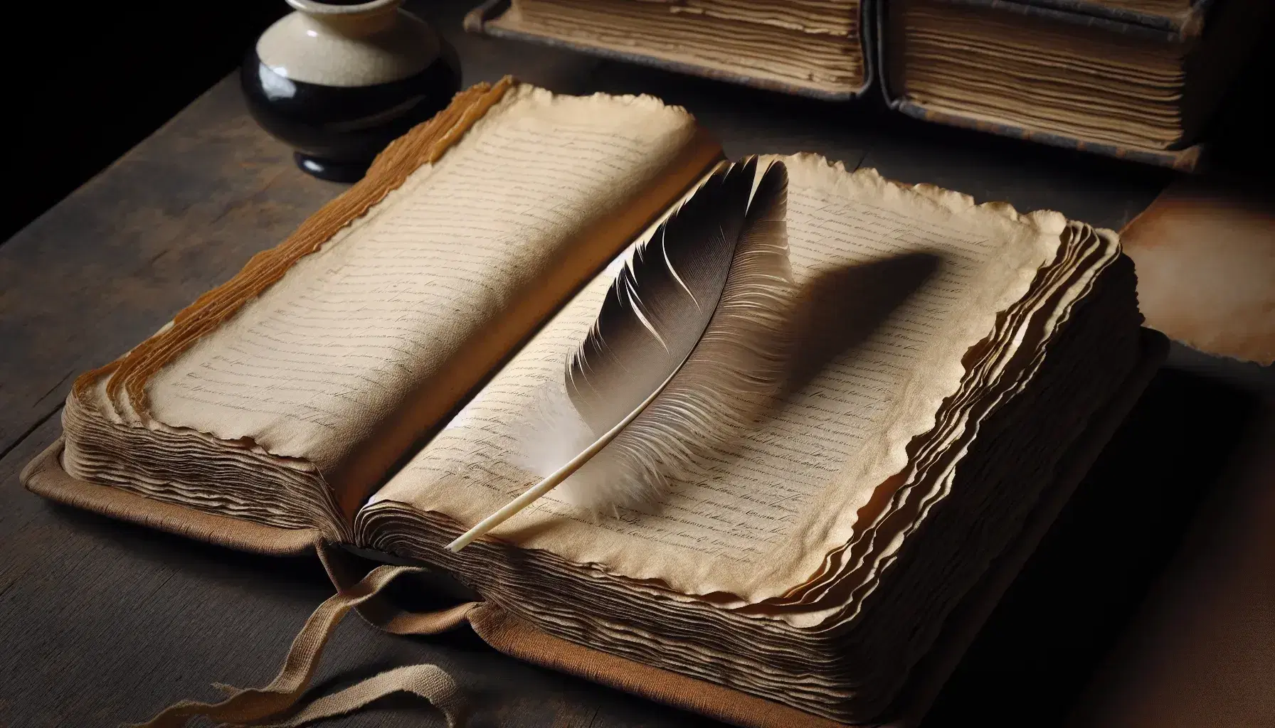 Libro antiguo abierto sobre mesa de madera oscura con páginas amarillentas y pluma de ave, acompañado de un tintero de porcelana en segundo plano.