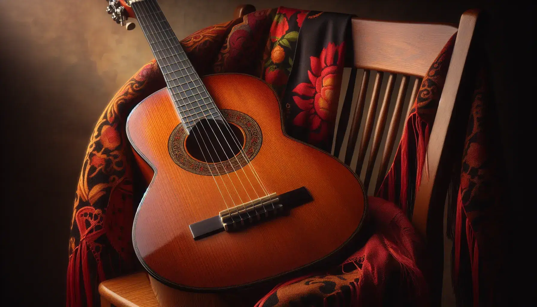 Close-up view of a Spanish guitar on a wooden chair with a vibrant red and black flamenco shawl, highlighting the instrument's strings and craftsmanship.