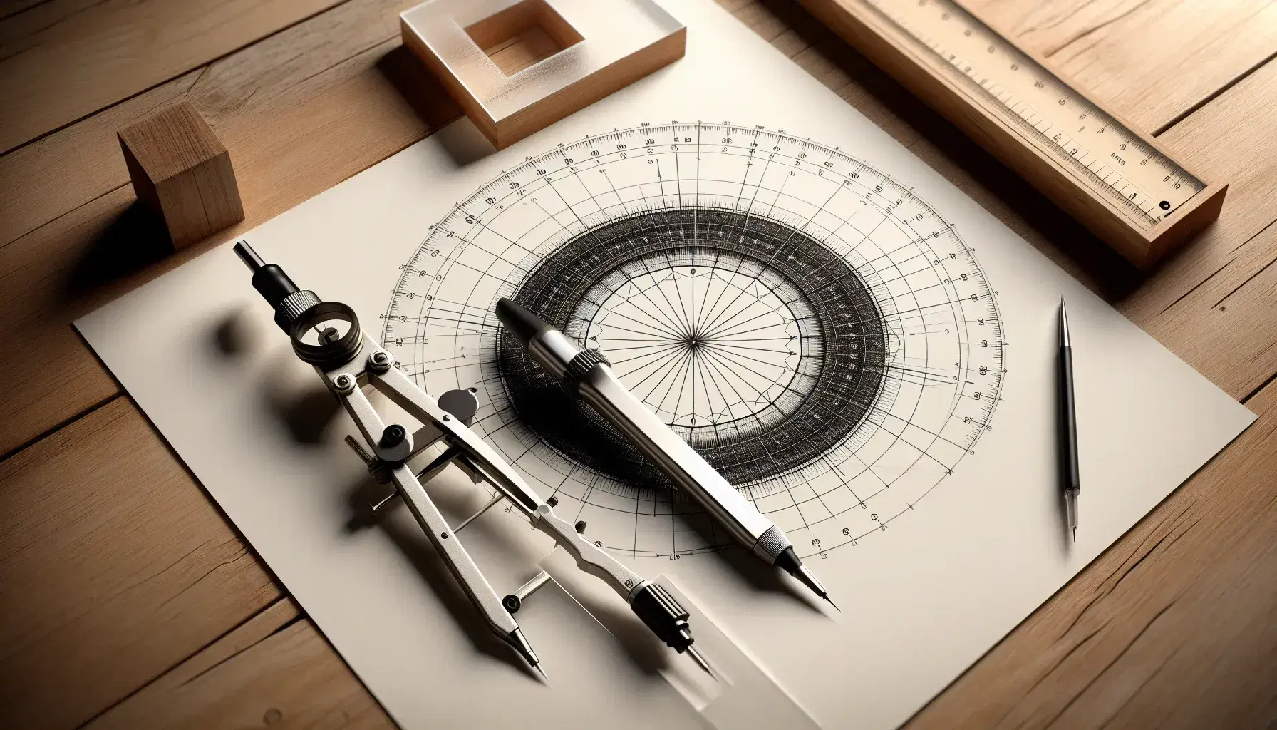 Tavolo in legno chiaro con foglio di carta per disegno tecnico, esagono regolare al centro, compasso in acciaio, squadra trasparente, righello e goniometro.