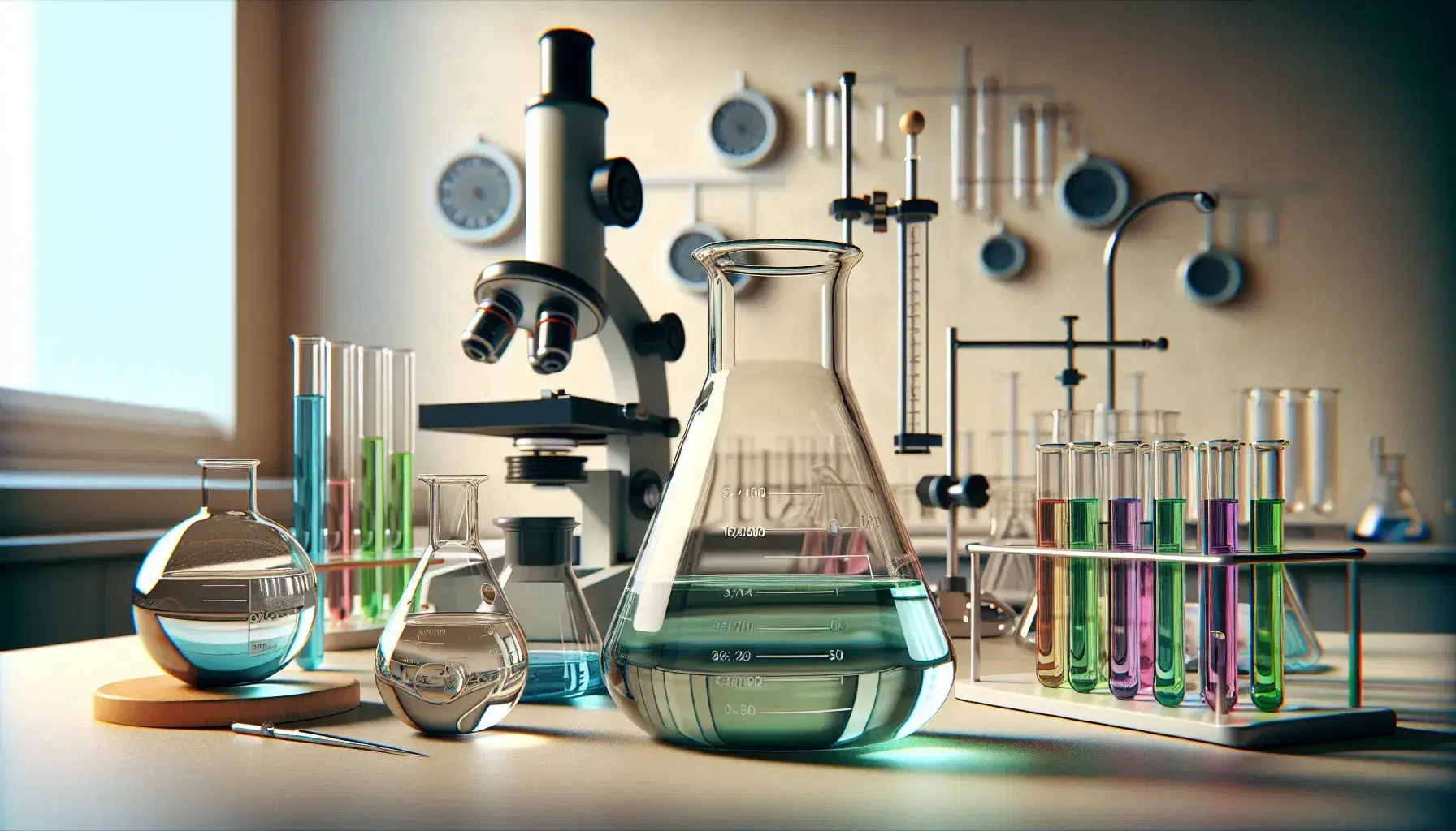 Science laboratory with glass beaker and blue liquid, green round bottom flask, lit Bunsen burner, microscope and colored test tubes.