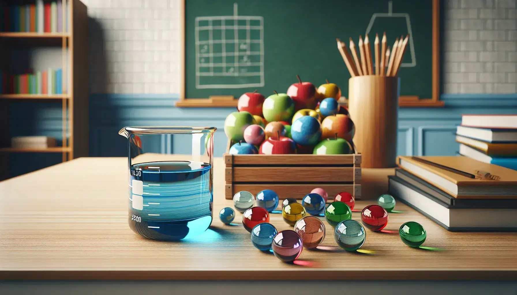 Tidy classroom desk with glass beaker containing blue liquid, scattered colorful marbles and basket of assorted fruits on clean blackboard background.