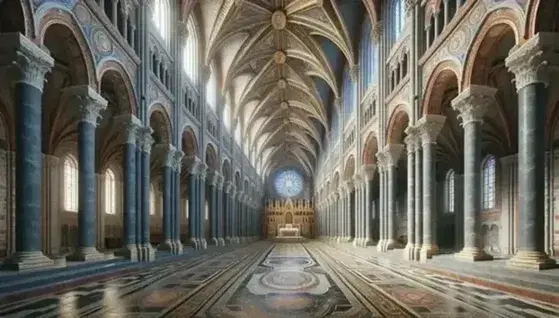 Medieval cathedral interior with high vaulted ceilings, cylindrical columns, pointed arches, stained glass windows, and a checkerboard floor leading to an ornate altar.