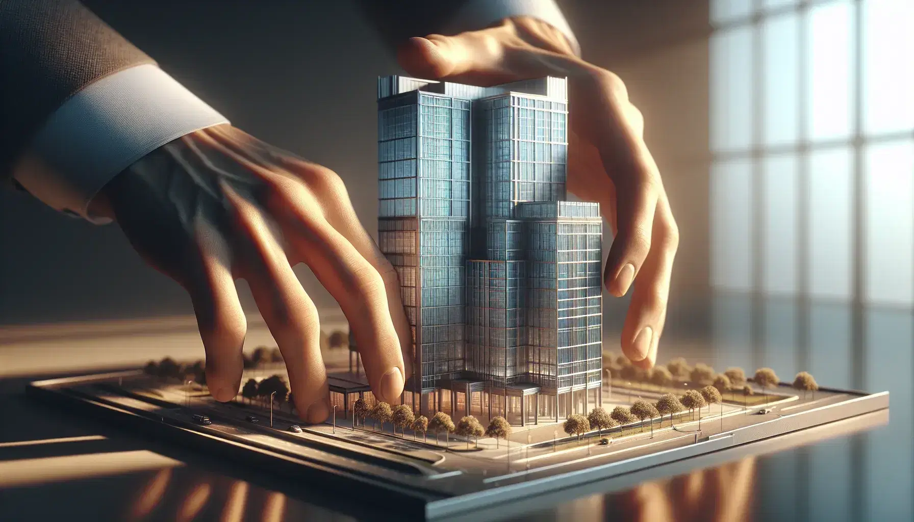 Close-up view of diverse hands holding a scale model of a modern skyscraper with reflective windows and a landscaped base, in a softly lit office setting.