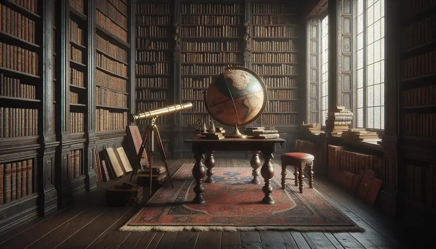 Biblioteca antigua con estanterías de madera oscura llenas de libros, mesa central con globo terráqueo y telescopio de latón, alfombra persa y silla de cuero rojo.
