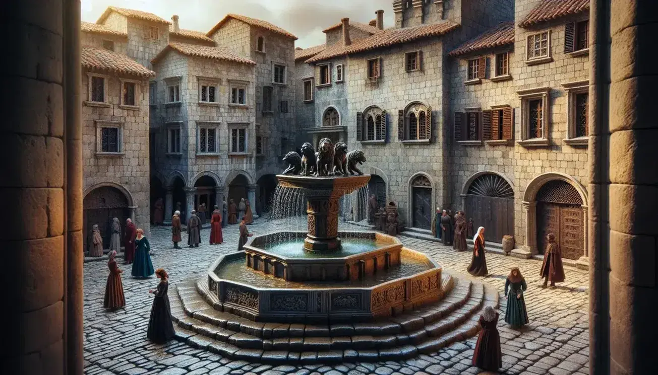 Piazza medievale con fontana centrale, figure in costume d'epoca, banchi di mercato e edifici storici sotto un cielo sereno.