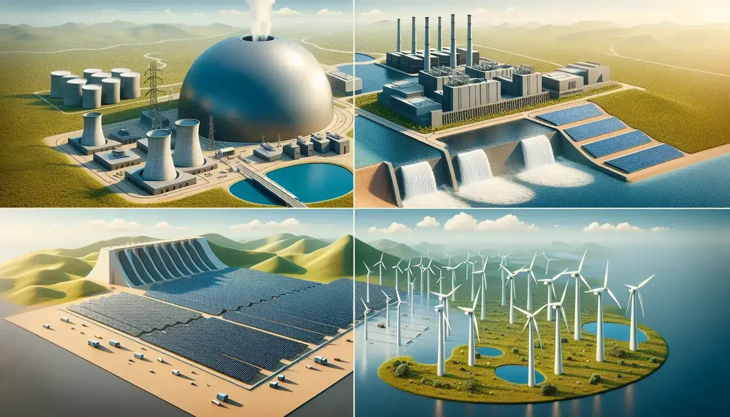 Paesaggio diviso in quattro quadranti che mostrano fonti energetiche: centrale nucleare, pannelli solari, diga idroelettrica e turbine eoliche.