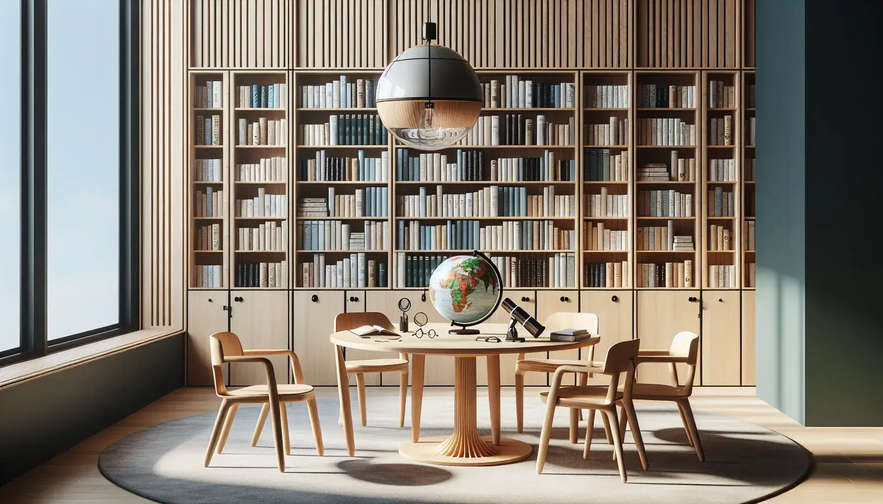 Biblioteca moderna y luminosa con estanterías de madera repletas de libros, mesa redonda con lupa, globo terráqueo, microscopio y megáfono, junto a ventana grande.