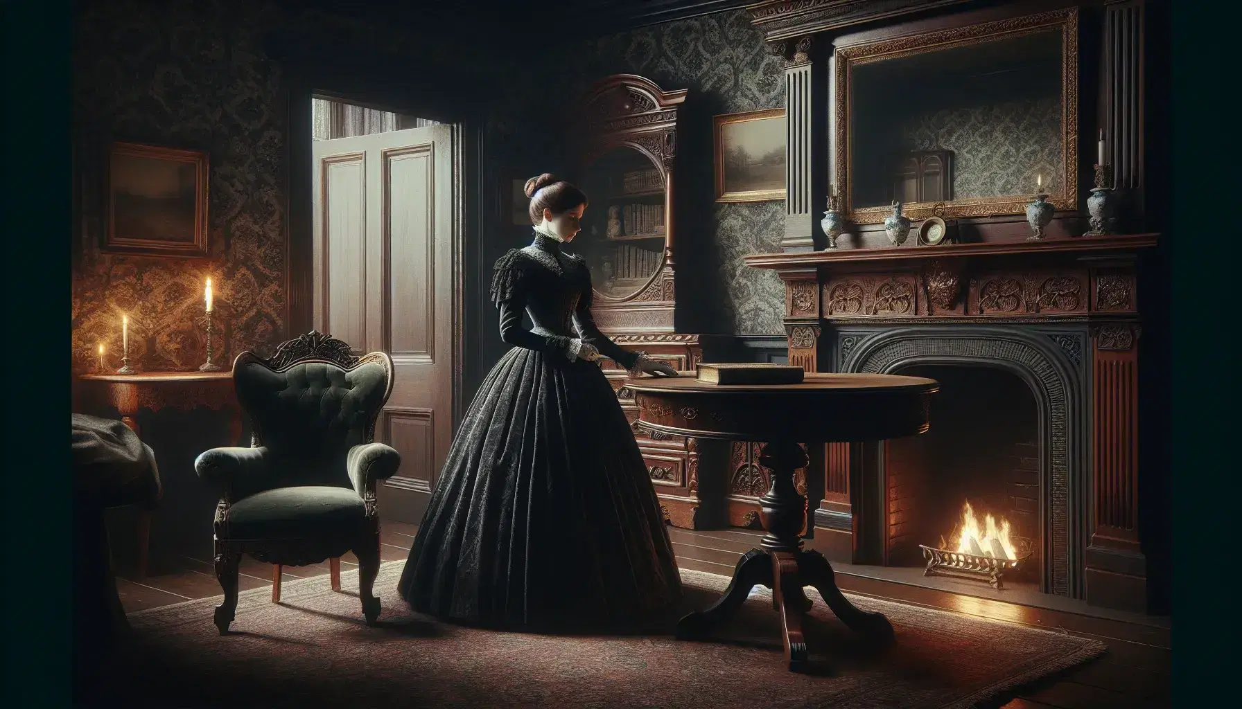 Victorian parlor with woman in period dress holding a book, ornate armchair, fireplace, gilded mirror, and foggy London view through draped window.