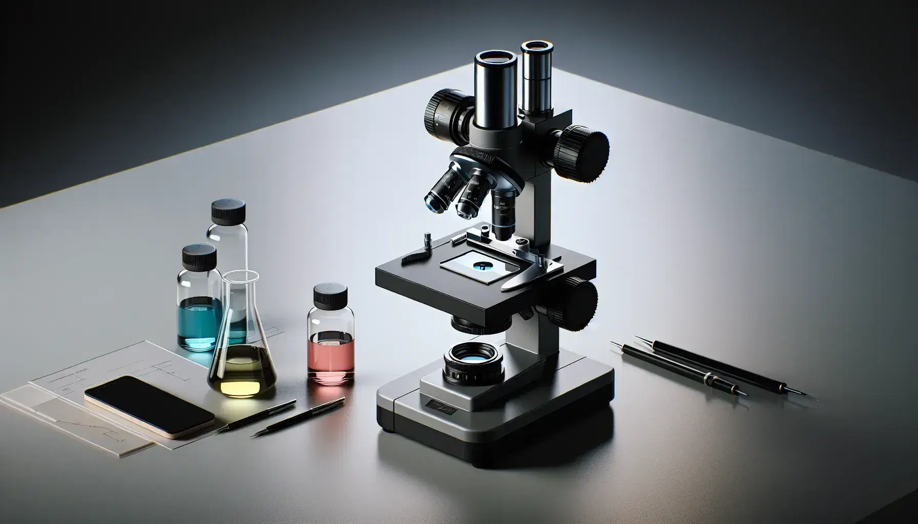 Microscopio óptico ergonómico moderno con revolver de tres objetivos y portaobjetos con muestra azulada, junto a frascos de líquidos coloridos en mesa blanca.